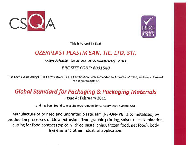 Özer Plast BRC Sertifikası